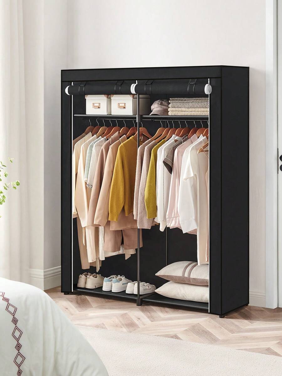 Wardrobe Closet Portable Fabric Cover - ตู้เสื้อผ้าแบบพกพาสำหรับห้องนอน, ราวแขวนเสื้อผ้าพร้อมผ้าคลุมแบบไม่ทอ, อุปกรณ์จัดเก็บเสื้อผ้า, ขนาด 55.1 x