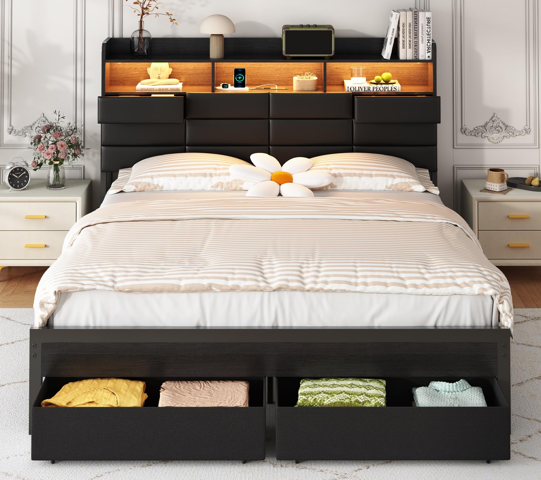 King Size Bed Frame With Storage Drawers - โครงเตียงขนาดคิงไซส์ พร้อมลิ้นชักเก็บของและแท่นชาร์จ, สีดำ