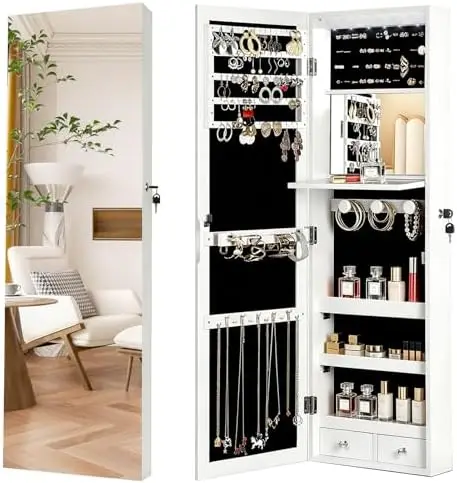 Full Length Mirror Jewelry Armoire - ตู้เก็บเครื่องประดับแบบมีกระจกบานยาว, ไฟ LED อัตโนมัติ 6 ดวง,