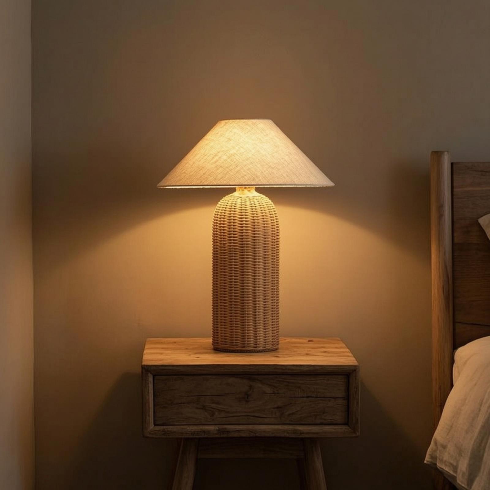 Bedroom Furniture - โคมไฟข้างเตียง ฐานหวาย โคมผ้า โคมไฟตั้งโต๊ะ ไฟตกแต่งสำหรับห้องนอน ห้องนั่งเล่น