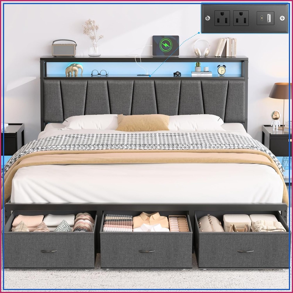 King Size Bed Frame With Storage Drawers - โครงเตียงขนาดคิงไซส์พร้อมหัวเตียงที่มีที่เก็บของและลิ้นชัก 3 ช่อง สีเทา