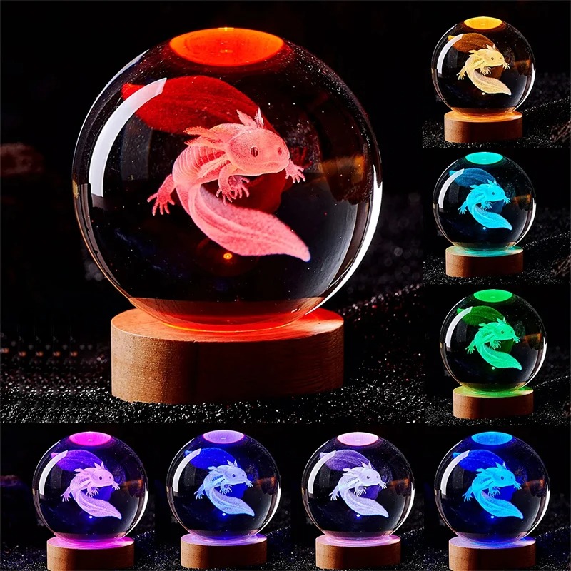 Floating Nightstand With Led Light - D2 3D Axolotl โคมไฟแกะสลักคริสตัลบอลสี Night Light