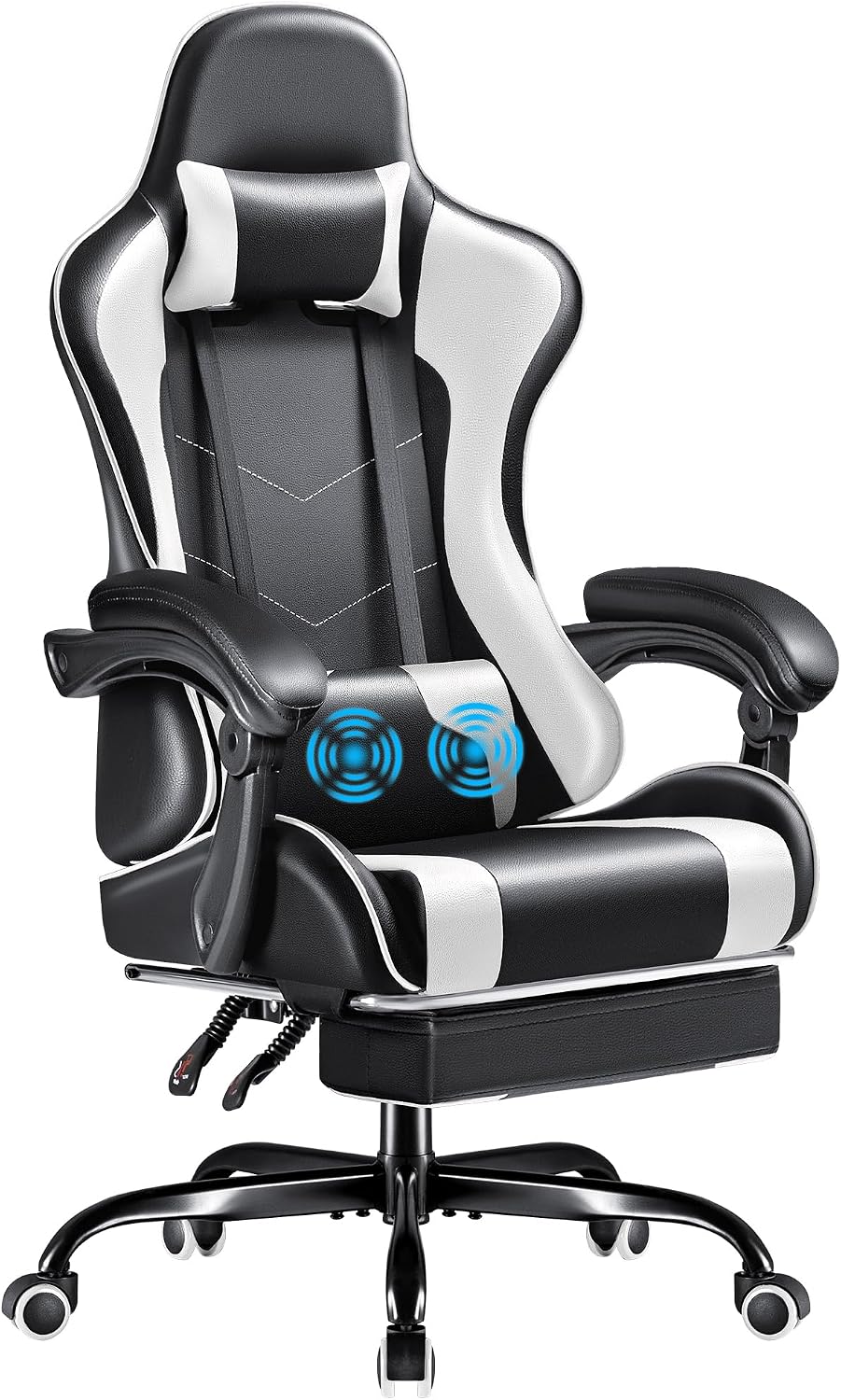 Sofas - เก้าอี้เกมมิ่ง Furmax พร้อมที่พักเท้าและระบบรองรับหลังแบบนวด, เก้าอี้คอมพิวเตอร์ปรับความสูงได้ หมุนได้ พร้อมที่พักศีรษะ,