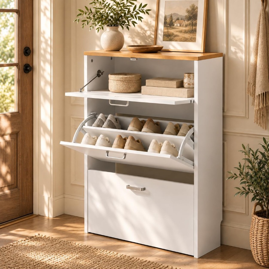 Shoe Rack Cabinet Narrow Entryway - ตู้เก็บรองเท้าสำหรับวางไว้บริเวณทางเข้าบ้าน ชั้นวางรองเท้าสีขาว ขนาดเล็ก ทรงแคบ กว้าง 25
