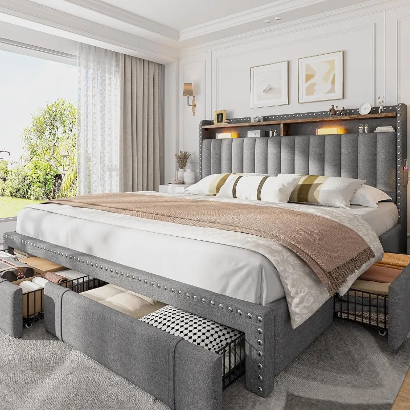 King Size Bed Frame With Storage Drawers - โครงเตียงขนาดคิงไซส์ EnHomee พร้อมเบาะหุ้มและลิ้นชักเก็บของ 4 ช่อง, หัวเตียงแบบ