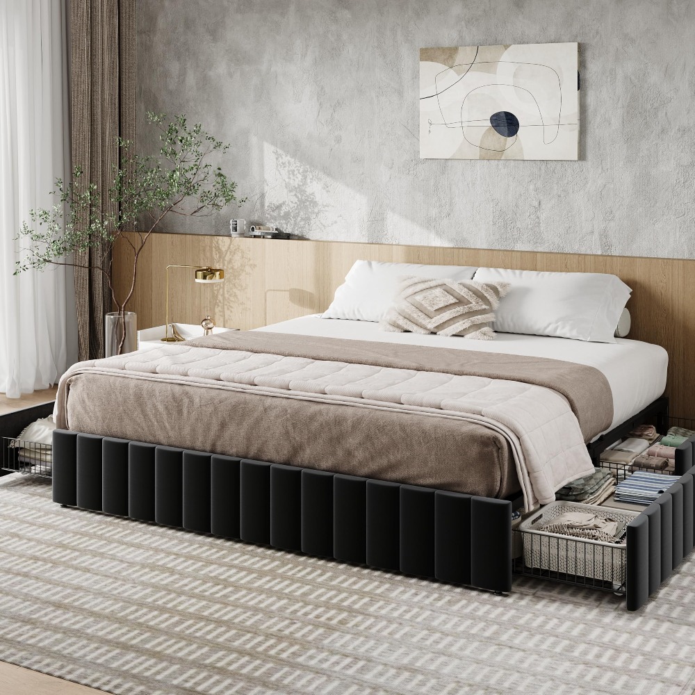 King Size Bed Frame With Storage Drawers - โครงเตียงขนาดคิงไซส์พร้อมลิ้นชักเก็บของขนาดใหญ่ 4 ช่อง, ฐานเตียงหุ้มกำมะหยี่ลายตะเข็บแนวตั้ง, ทำจากไม้