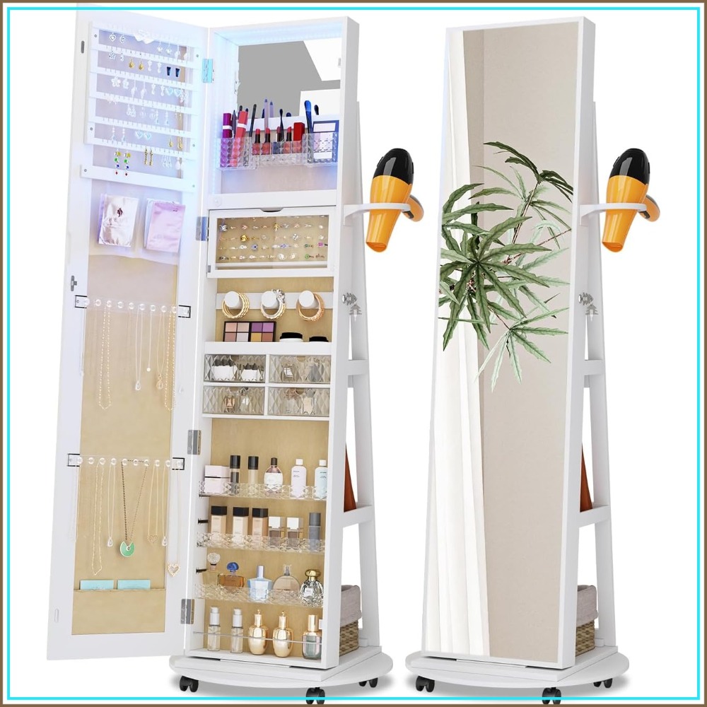 Full Length Mirror Jewelry Armoire - ตู้โชว์เครื่องประดับพร้อมกระจกเต็มตัวและช่องเก็บของ ตู้เก็บของแบบหมุนได้ 360 องศา ล็อคได้ มีไฟส่องสว่าง