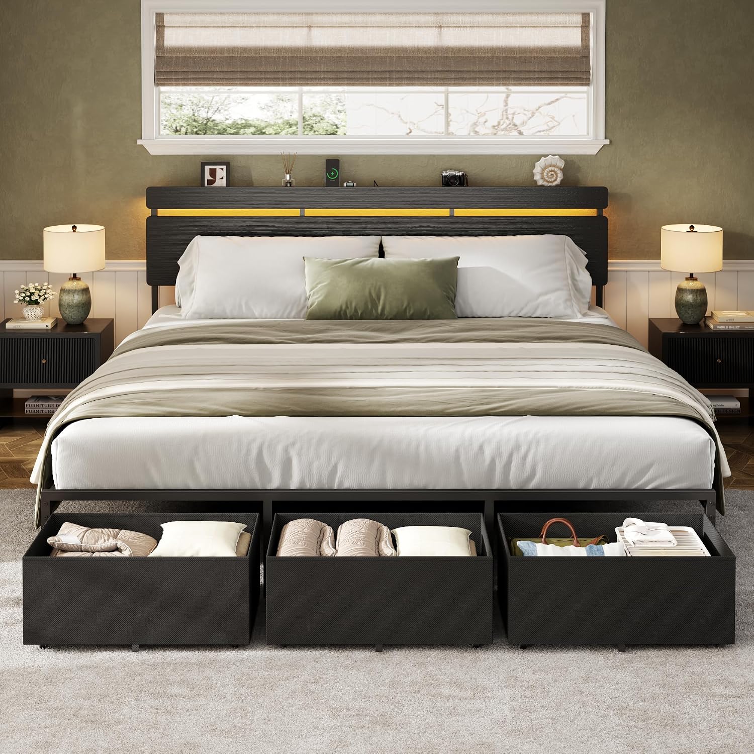 King Size Bed Frame With Storage Drawers - โครงเตียงขนาดคิงไซส์ Forestell พร้อมหัวเตียงไม้, ลิ้นชักเก็บของ 3 ช่อง