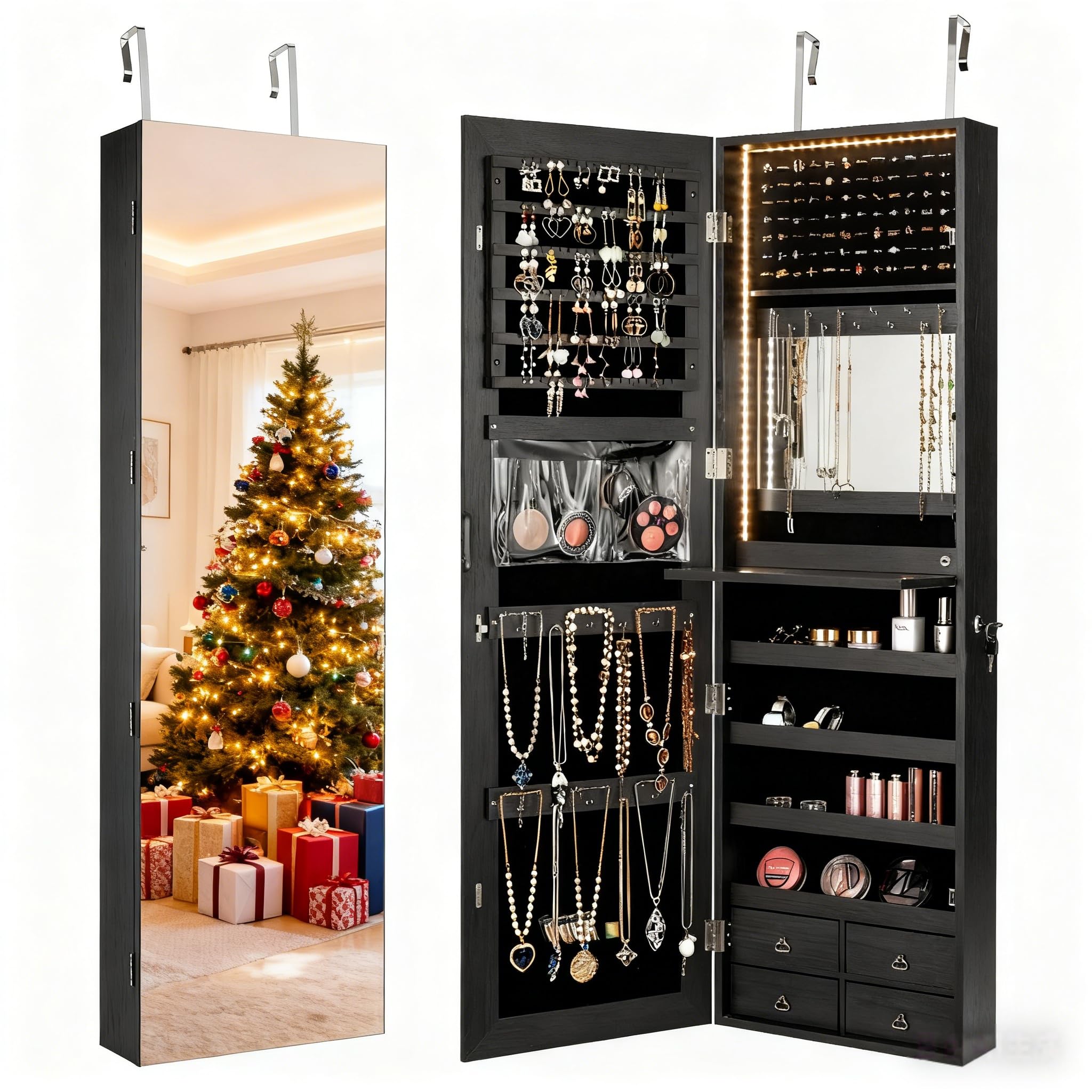Full Length Mirror Jewelry Armoire - ตู้เก็บเครื่องประดับ LED ขนาด 47 นิ้ว พร้อมกระจกติดผนัง/ประตูและช่องเก็บของ