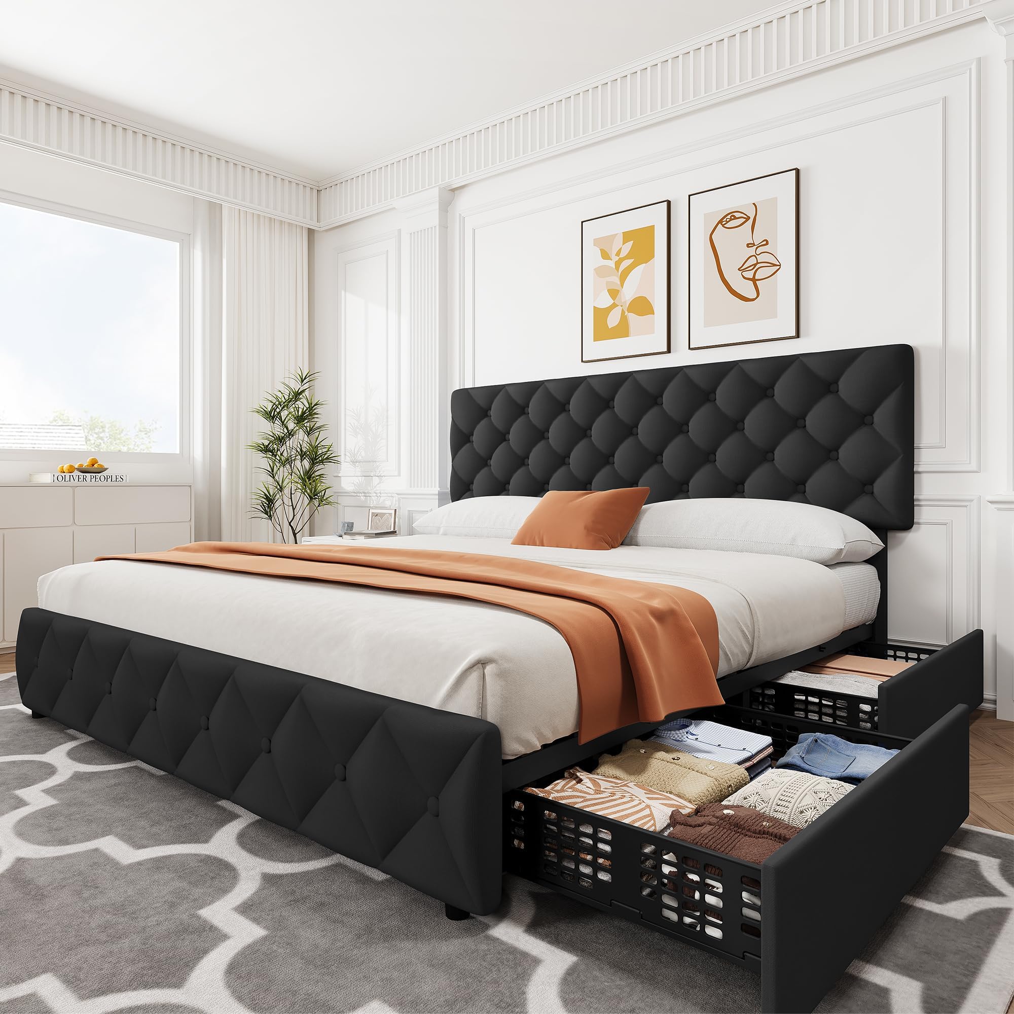 King Size Bed Frame With Storage Drawers - โครงเตียงขนาดคิงไซส์ พร้อมลิ้นชักเก็บของ 4 ช่อง และหัวเตียงปรับระดับได้ เตียงแพลตฟอร์มบุผ้าลินิน