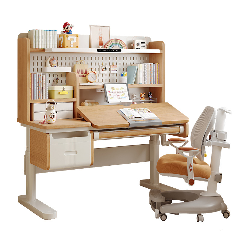 Chairs - โต๊ะเขียนหนังสือไม้จริง โต๊ะเขียนหนังสือปรับระดับได้ พร้อมโคมไฟถนอมสายตา ชุดโต๊ะและเก้าอี้พร้อมชั้นวางหนังสือในตัว