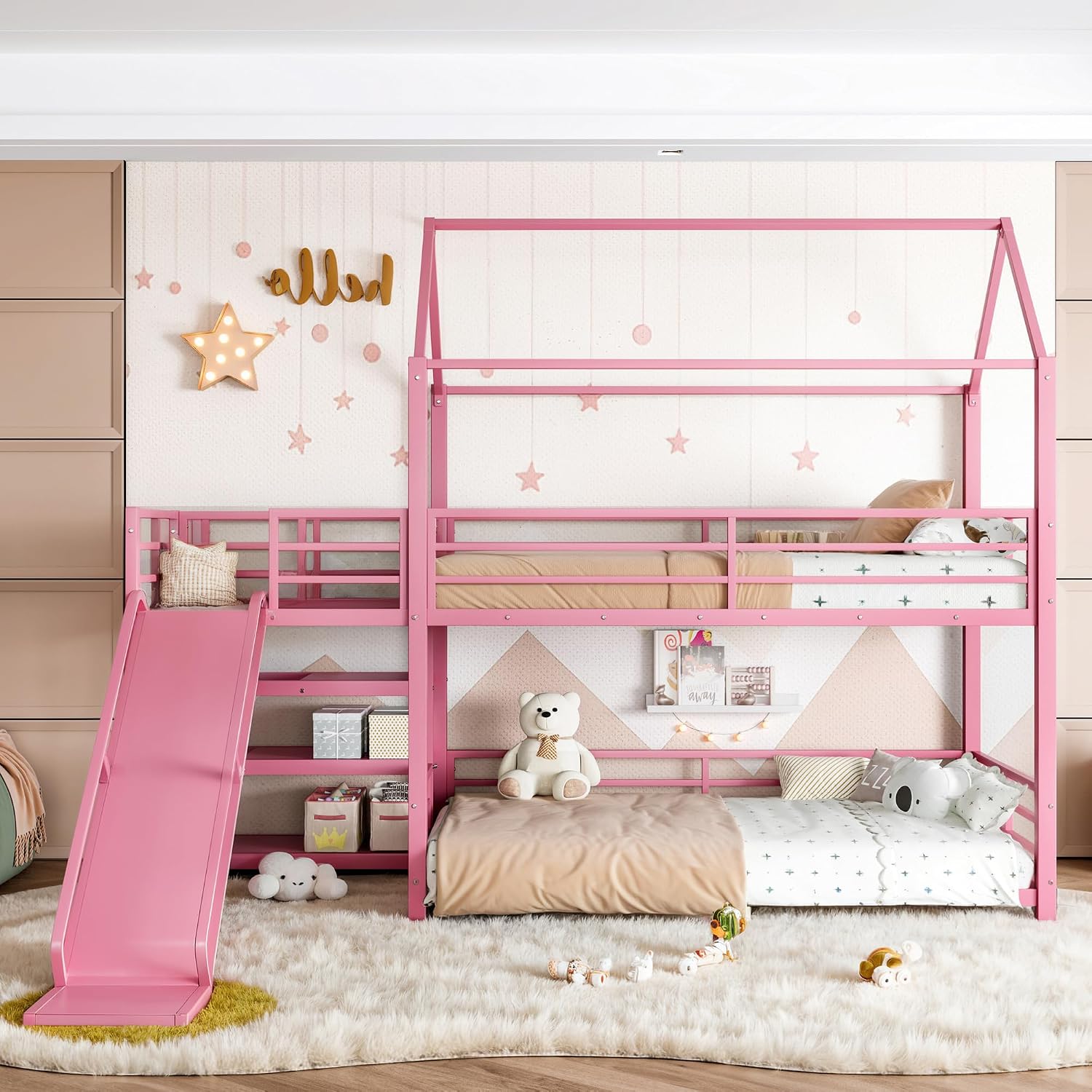 Bunk Bed With Stairs And Slide - เตียงสองชั้นพร้อมสไลเดอร์และบันไดเก็บของ, เตียงโลหะรูปทรงบ้านสำหรับเด็ก, แข็งแรงทนทาน, ไม่ต้องใช้ฐานรอง, สามารถปรับแต่งได้