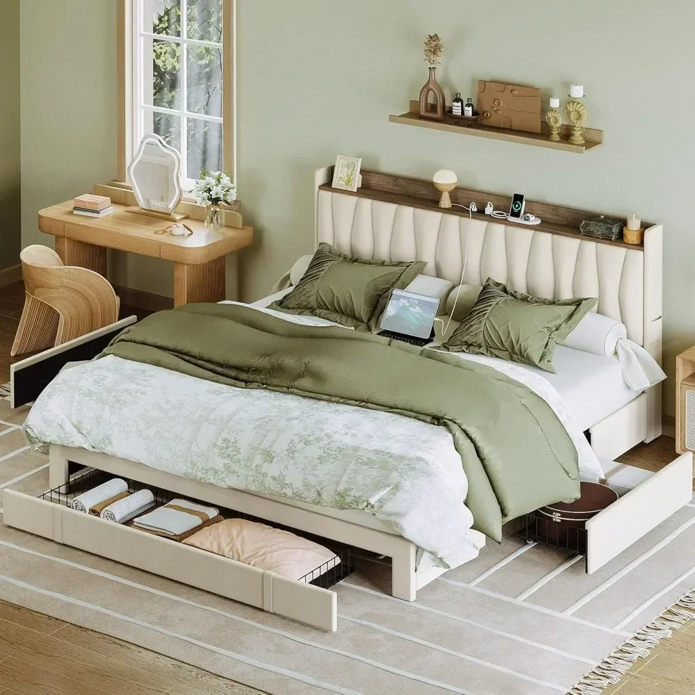 King Size Bed Frame With Storage Drawers - โครงเตียงขนาดคิงไซส์พร้อมหัวเตียงที่มีที่เก็บของและสถานีชาร์จไฟ, มีลิ้นชัก 3 ช่อง, ไม่ต้องใช้ฐานรองที่นอน, โครงเตียงขนาดควีนไซส์