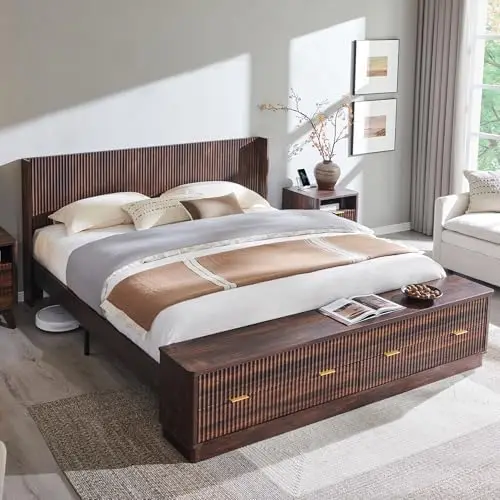 King Size Bed Frame With Storage Drawers - โครงเตียงขนาดคิงไซส์แบบมีร่องพร้อมหัวเตียงแบบมีปีก, ที่เก็บของที่ปลายเตียงพร้อมลิ้นชักในตัวและระบบยกขึ้น
