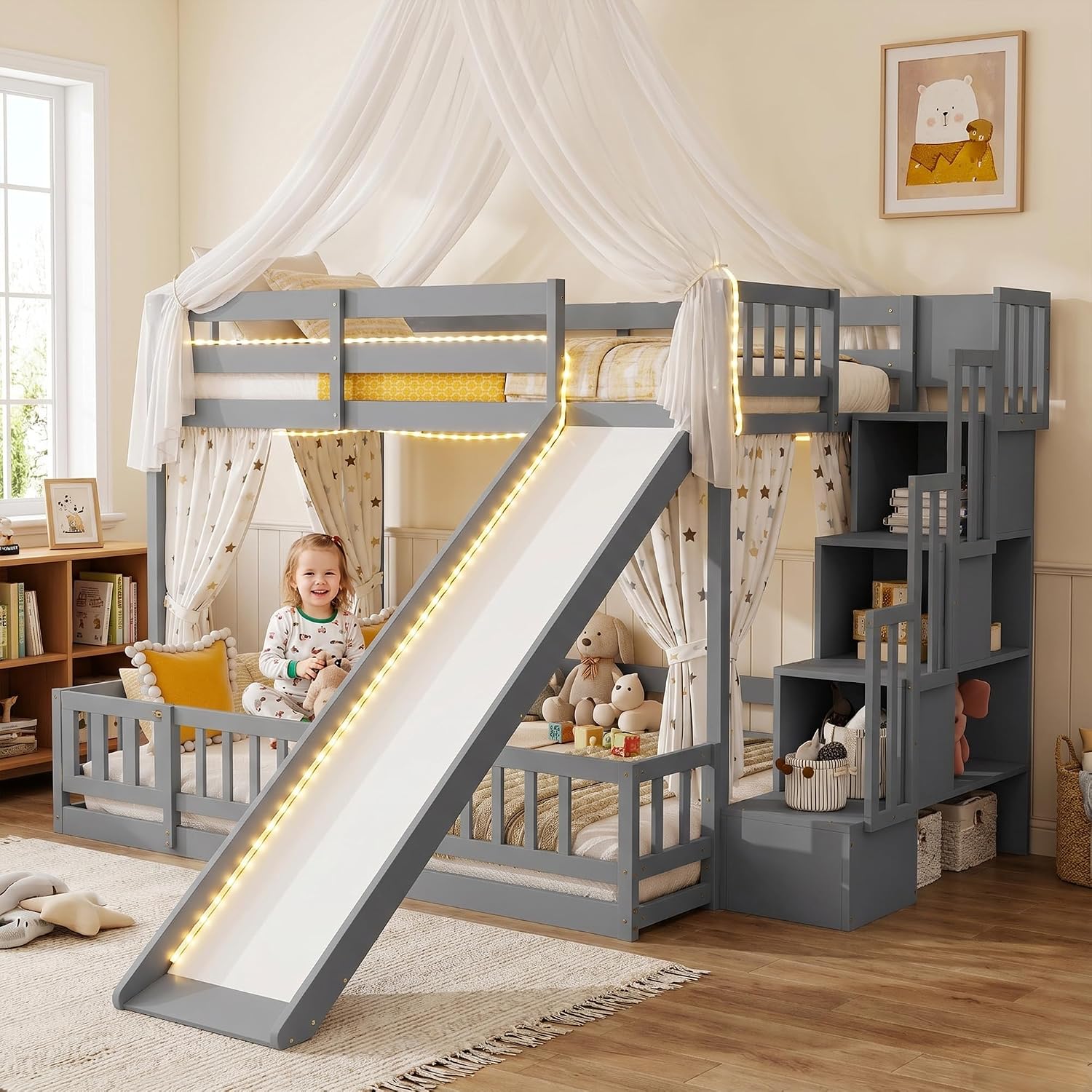 เตียงสองชั้นแบบเตียงเดี่ยวด้าน - Bunk Bed With Stairs And Slide บทวิจารณ์และราคา